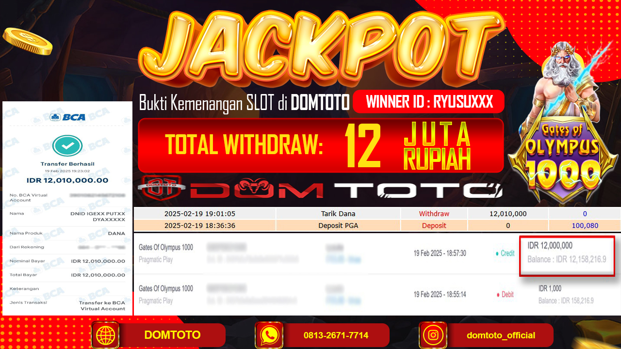 JACKPOT SLOT GATE OF OLYMPUS 1000 19 FEBRUARI 2025